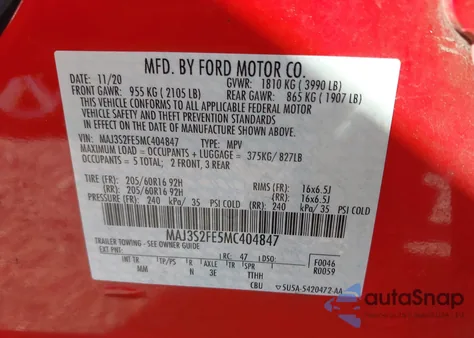 2021 Ford Ecosport S из США, поврежденный, VIN MAJ3S2FE5MC404847